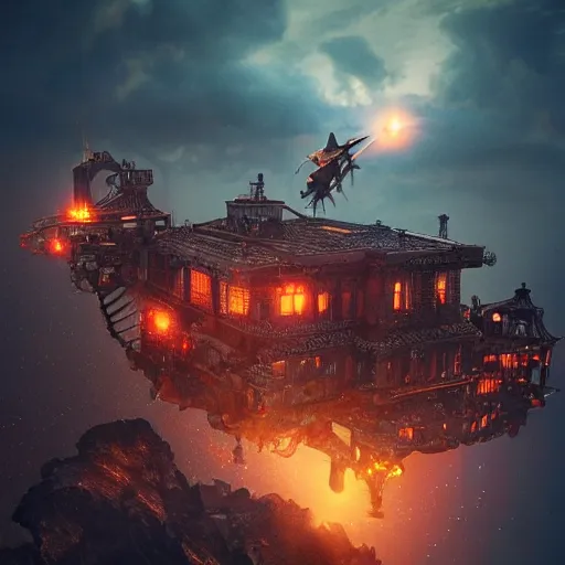 Image similar to a flying steampunk fortress, intricate, behrens style, octane render, fantasy digital art, beautiful composition, trending on artstation, night, meteors, lightning!!! storm, dramatic lighting, red glow, eldritch