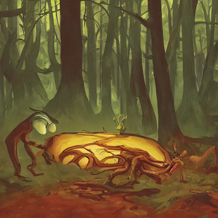 Image similar to fat alien eating slugs in the forest, highly detailed, Edward Hopper and James Gilleard