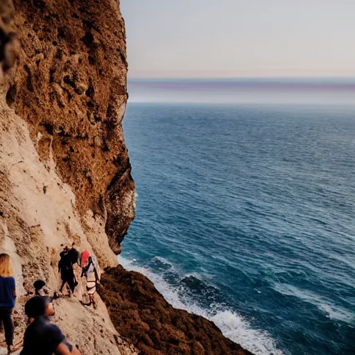 Prompt: people hugging on a cliff overhanging a beach