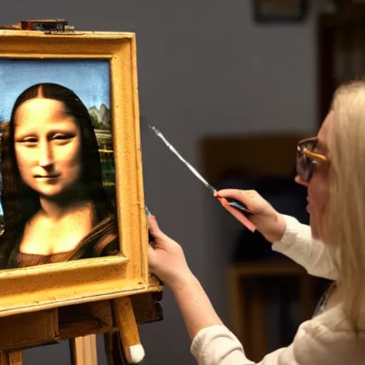 Prompt: A woman that looks like Mona Lisa is painting a portrait of Lenoardo da Vinci in a workshop