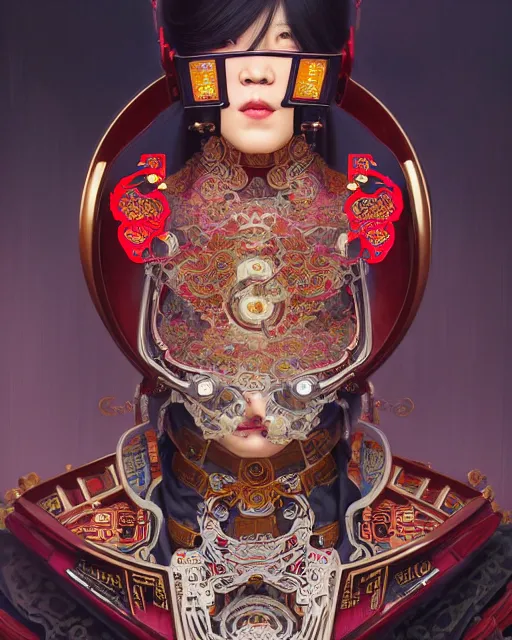 Image similar to portrait of a chinese cyberpunk machine, machine face, arms, upper half portrait, decorated with chinese opera motifs, regal, asian, fine china, wuxia, traditional chinese art intricate intense elegant 京 剧 highly detailed digital painting artstation concept art smooth sharp focus illustration, art by artgerm and greg rutkowski alphonse mucha 8 k