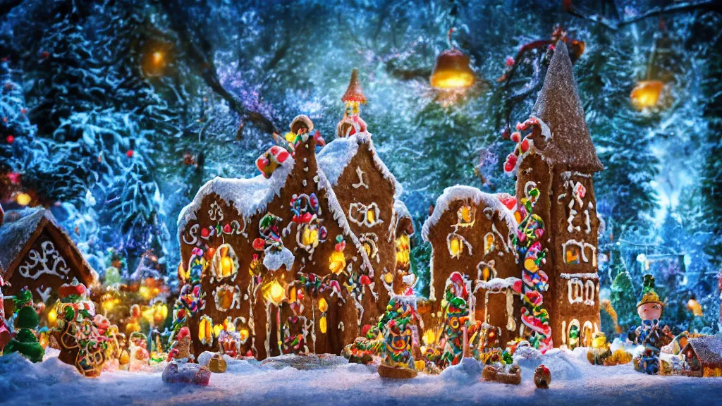 Prompt: gingerbread candy village, colorful, fantasy, fairytale, intricate, forest, fireflies, flowers, halloween, christmas, snow, hansel and gretel, bokeh, medium shot, visually stunning, depth of field 1 0 0 mm, cinematic scene, studio quality, unreal engine, octane render, trending on artstation, artgerm, cgsociety