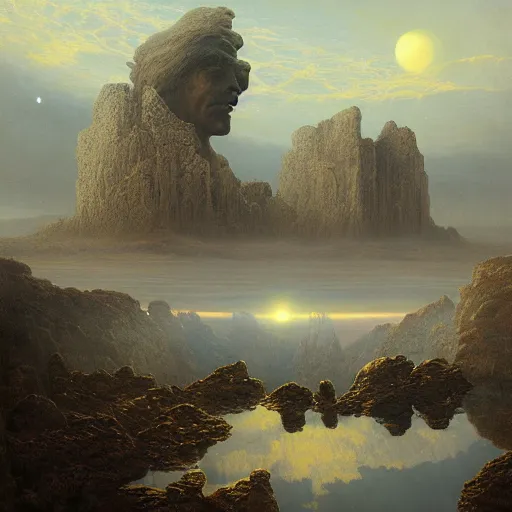 Prompt: David Friedrich, scifi landscape, hyperrealistic surrealism, award winning masterpiece with incredible details, epic stunning, infinity pool, a surreal vaporwave liminal space, highly detailed, trending on ArtStation, artgerm and greg rutkowski and alphonse mucha, daily deviation, IAMAG, broken giant marble head statue ruins, golden hour