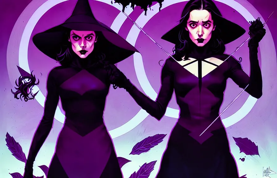 Image similar to rafael albuquerque comic cover art, artgerm, joshua middleton, pretty stella maeve witch doing black magic, serious look, purple dress, symmetrical eyes, symmetrical face, long black hair, full body, twisted evil dark forest in the background, cool colors