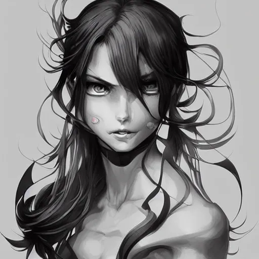 Image similar to evil hero malicious edge, heroine, beautiful, playful smile, detailed portrait, intricate complexity, in the style of Artgerm, Kazuki Tanahashi, and Ross Tran, cel-shaded