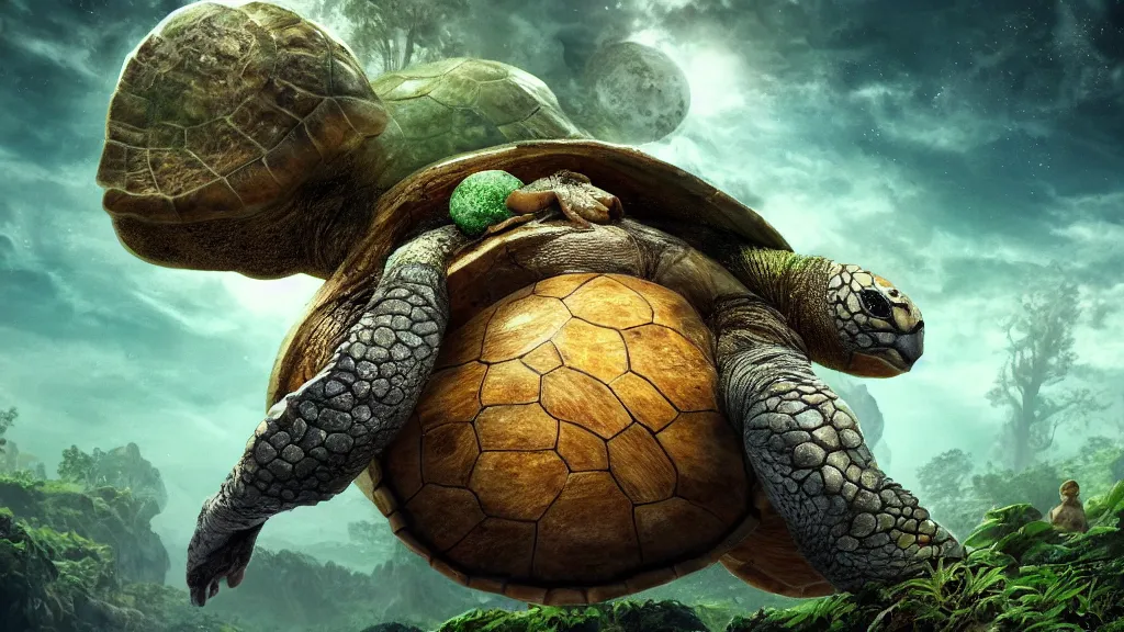 Prompt: the world turtle carrying earth on his back as it floats through space, shell made up of earth, forest shell, fantasy artwork, very very very beautiful scenery, hd, hdr, ue5, ue6, unreal engine 5, cinematic 4k wallpaper, 8k, ultra detailed, high resolution, artstation, award winning