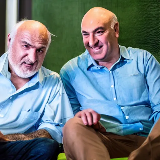 Image similar to mid white hair old man with green shirt and white short, sitting in shark tank with kevin o'leary