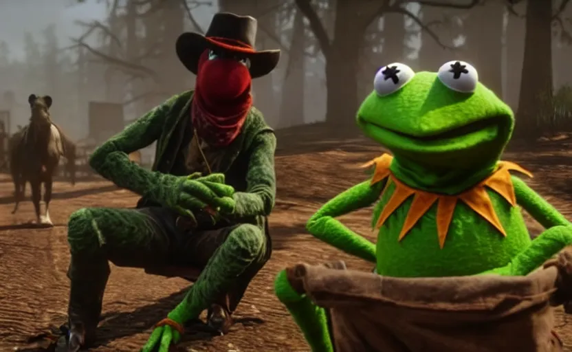 Image similar to kermit the frog in red dead redemption 2, cinematic shot