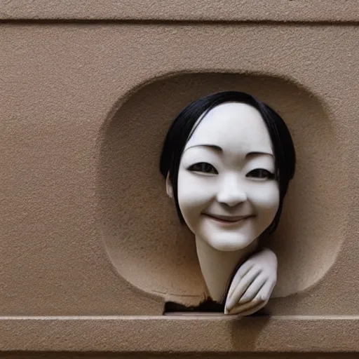 Prompt: a strange looking bust of a 1 9 years old japanese girl, smiling, found in the vent system