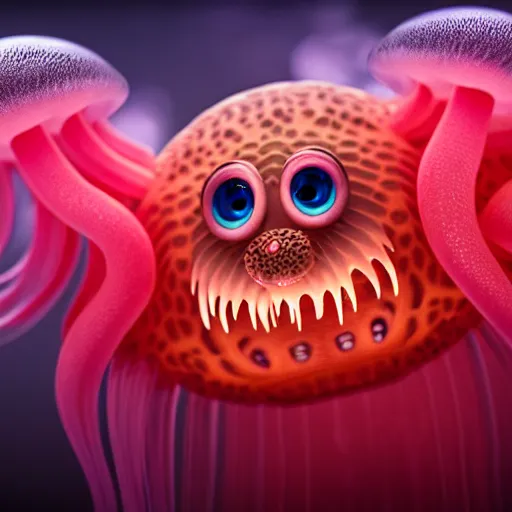 Image similar to a beautiful extreme wide photograph of a super cute jellyfish monster with huge sad eyes and sharp fangs in a wide open mouth, highly detailed, smooth, very very clean, 8 k, cinematic movie photograph, cinematic lighting, octane render, zbrush central contest winner, 3 d maya render