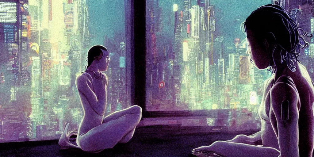 Prompt: a large crowd, blurred, in it in focus a girl, meditating, cyberpunk, by moebius,
