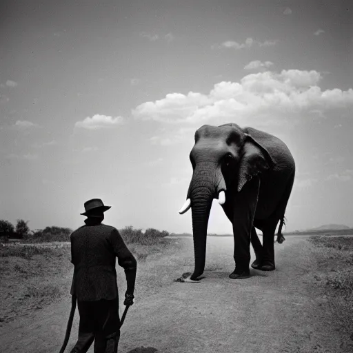 Image similar to 1920 photo of man riding elephant, black and white, cinestill, 800t, 35mm, full-HD