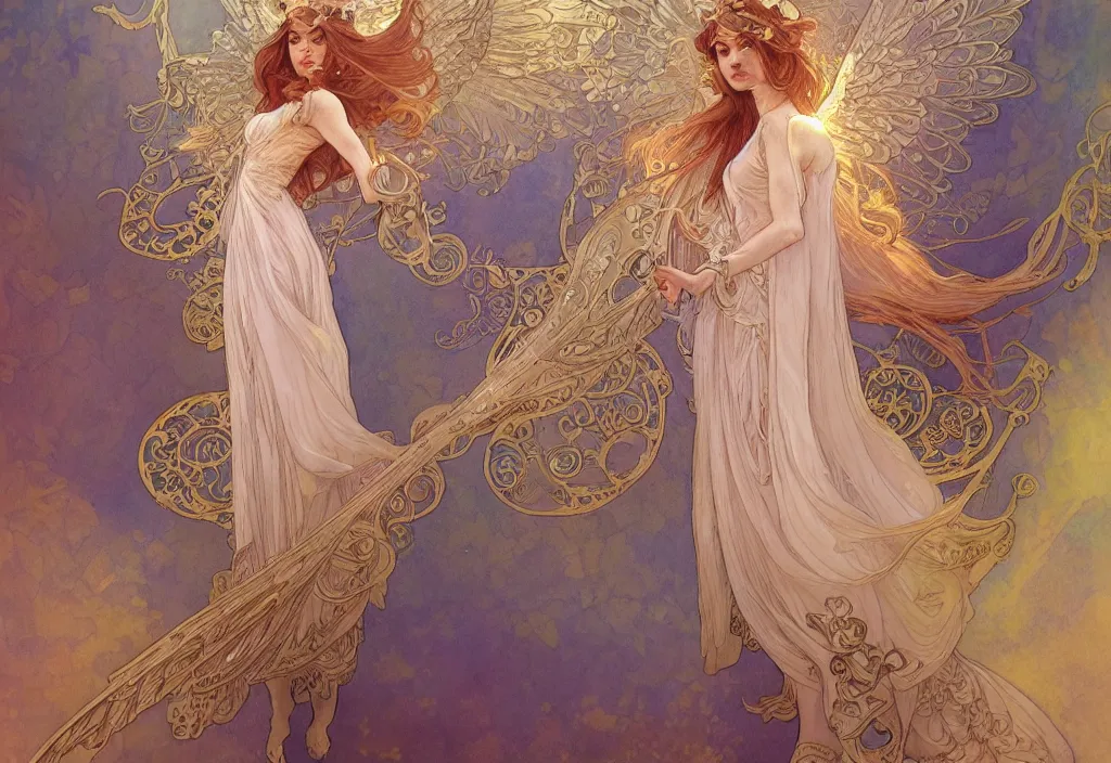 Image similar to an angel, highly detailed, very intricate, art nouveau, gold filigree, romantic storybook fantasy, soft cinematic lighting, award - winning, disney concept art watercolor illustration by mandy jurgens and alphonse mucha and alena aenami, pastel color palette, featured on artstation