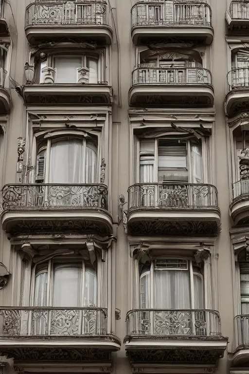 Prompt: Tall apartment on an art nouveau street, balconies, Baroque columns with intricate carvings, highly detailed, cinematic, cgsociety 8k