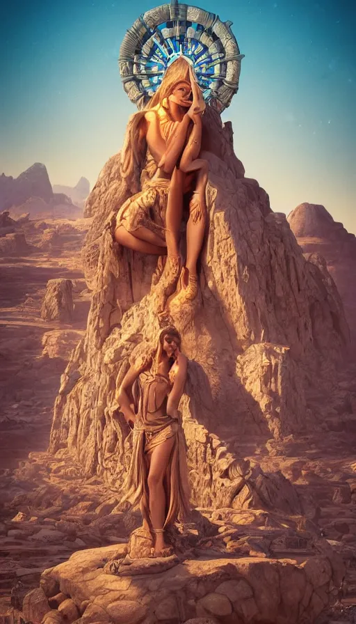 Prompt: giant stone monuments, statues across the desert, neon, tribal, goddess, fibonacci, sweat drops, insane, pinup, intricate, highly detailed, digital painting, artstation, concept art, smooth, sharp focus, illustration, Unreal Engine 5, 8K, art by artgerm and greg rutkowski and alphonse mucha