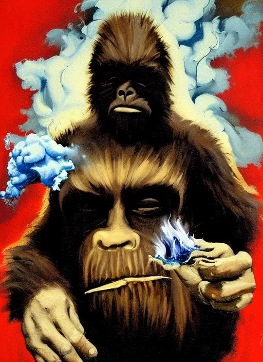 Prompt: bigfoot smoking meth, billowing smoke, inhaling pipe, painting by phil hale, fransico goya, david lynch,'action lines '!!!, graphic style, visible brushstrokes, motion blur, blurry