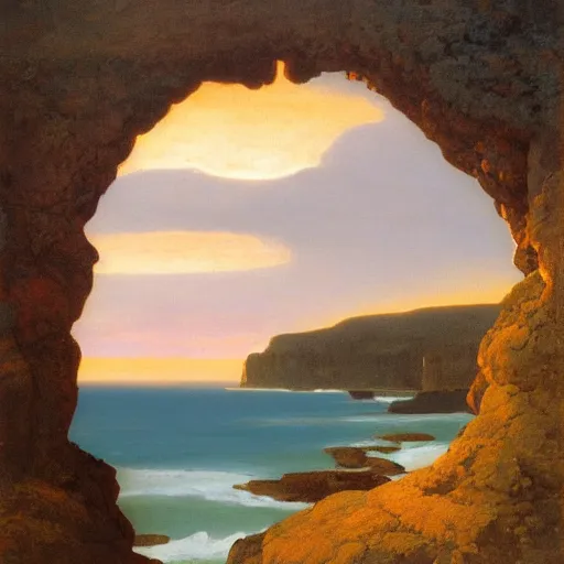 Prompt: a beautifully highly detailed close up portrait of a raven under a rock arch, coves crashing waves plants, beautiful serene sunset, detailed organic textures, by frederic leighton and rosetti and turner and eugene von guerard, 4 k