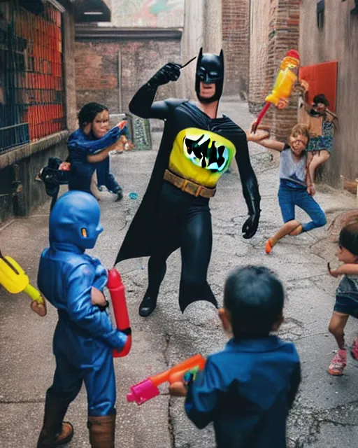 Image similar to happy batman firing super soaker water gun in an alleyway with a group of children having fun, toy product advertisement, photography