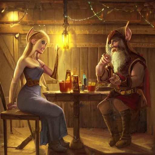 Image similar to An Elven woman and a Dwarf male drinking together in a tavern, warm lighting