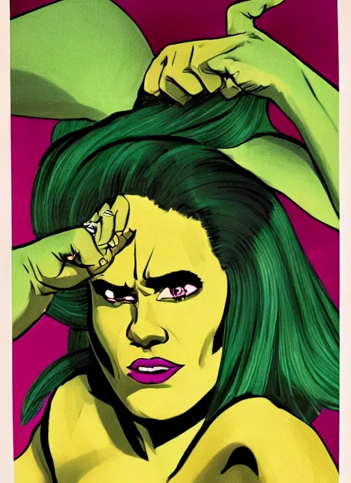 Image similar to a color photo portrait of she hulk in la wearing 6 0's fashion by bruce weber, dramatic lighting, 7 5 mm lens, sharp focus.