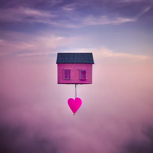 Image similar to dream a 5 0 mm lens photograph of a cute pink floating modern house, floating in the air between clouds, inspired by the movie up, held up from above by heart ballons. mist, playful composition canon, nikon, award winning, photo of the year