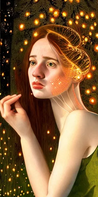 Image similar to an astonished young woman surrounded by golden firefly lights in a mesmerizing scene, sitting amidst nature fully covered, intricate detailed dress, long loose red hair, precise linework, accurate green eyes, small nose with freckles, smooth oval head, expressive emotions, hyper realistic ultrafine portrait by artemisia gentileschi, jessica rossier, artgerm