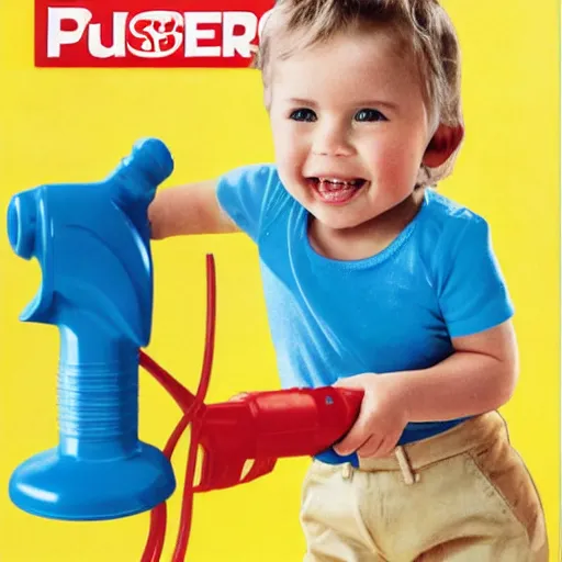 Prompt: fisher price flamethrower, now in stores, promotional ad