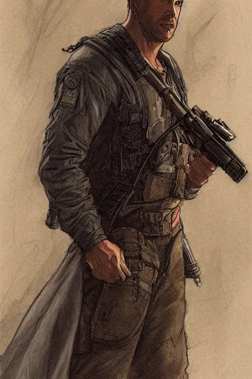 Prompt: vernon. Blade runner 2049 mercenary. concept art by James Gurney and Mœbius.