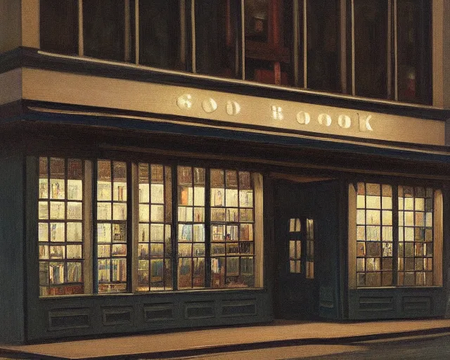 Prompt: a gloomy bookstore at night, a ghost looks towards the camera, in the style of Edward Hopper