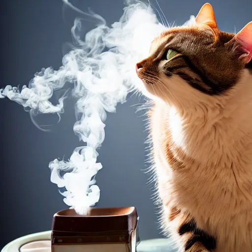 Image similar to a realistic photo of a cat standing on two legs and vaping