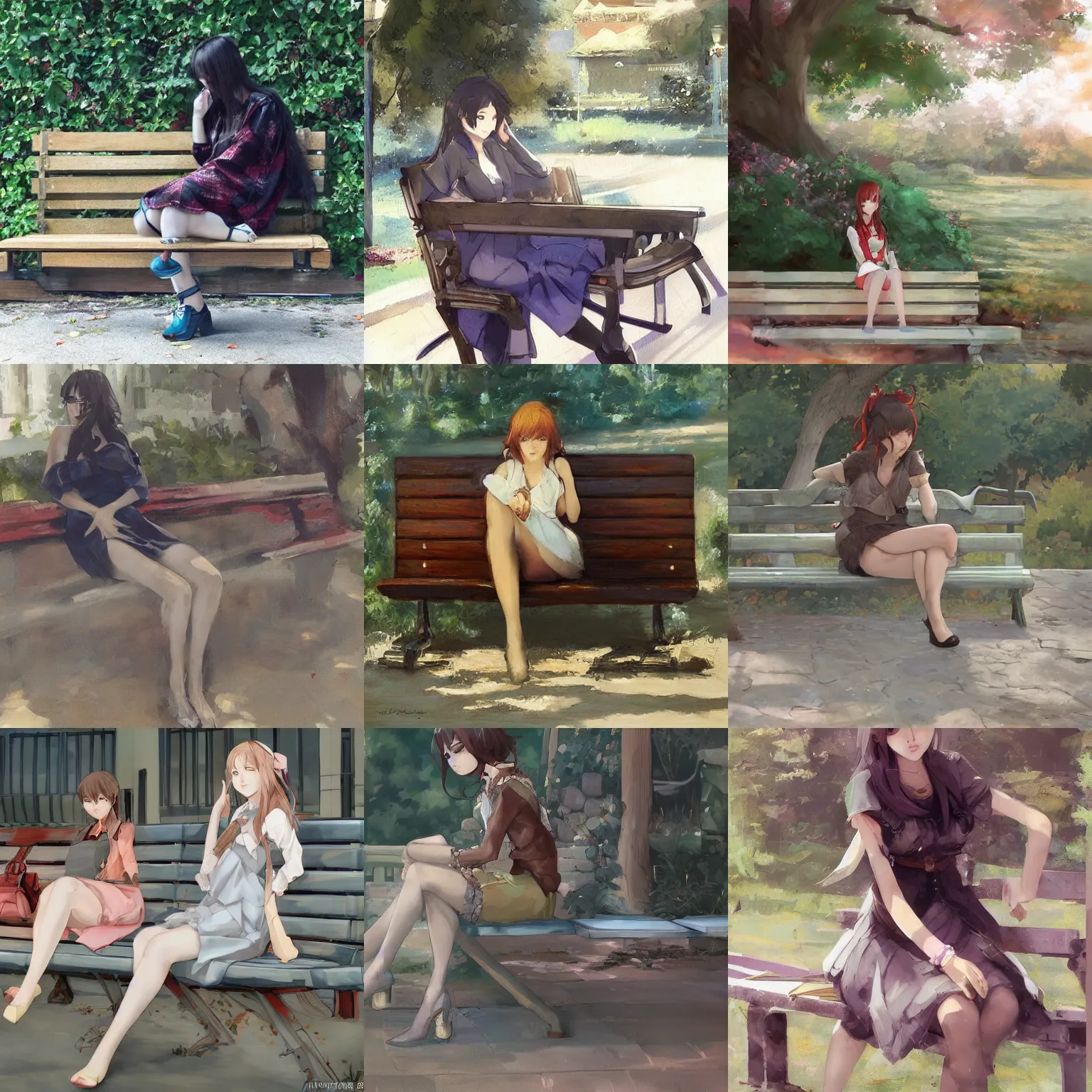 Prompt: beautiful woman sitting on a bench, Krenz Cushart, very detailed, bbwchan, 4K