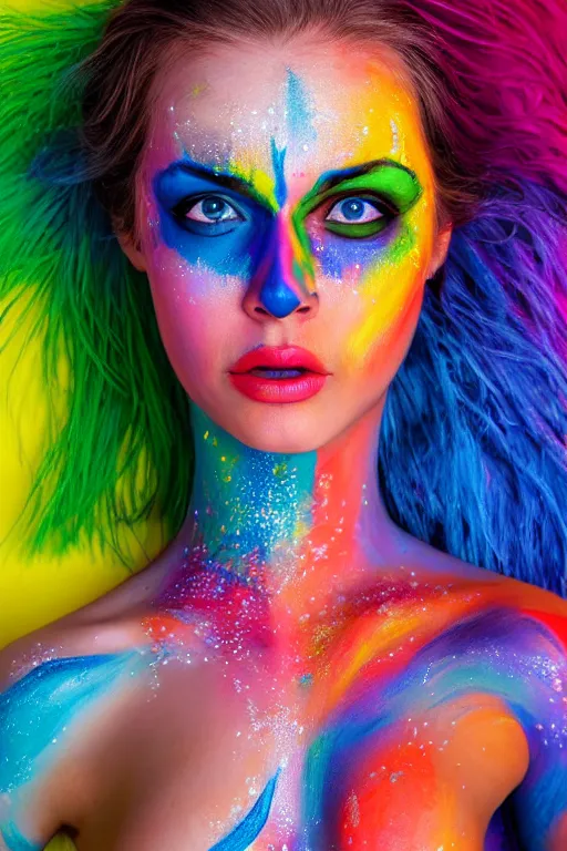 Prompt: hyper - realistic portrait of a gorgeous girl with vibrant colorful face paint, head to chest, smooth skin, porcelain skin, photorealism, intricate details, fantasy, volumetric lighting, bokeh background of colorful paint splash, painters dream, artstation, award - winning photography, 4 k, 8 k
