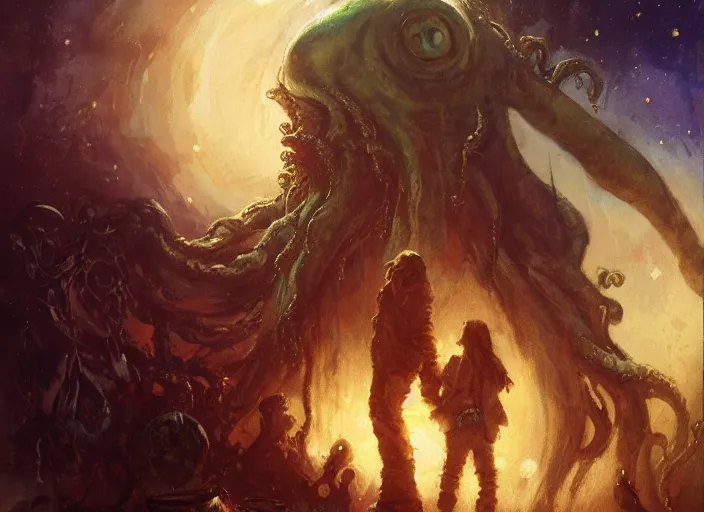 Prompt: my bed giant cthulhu children afraid in the dark moon light by gaston bussiere, anna nikonova aka newmilky, yoji shinkawa, yoshitaka amano, tsutomu niehi, trending on artstation, featured on pixiv, cinematic composition, 8 k