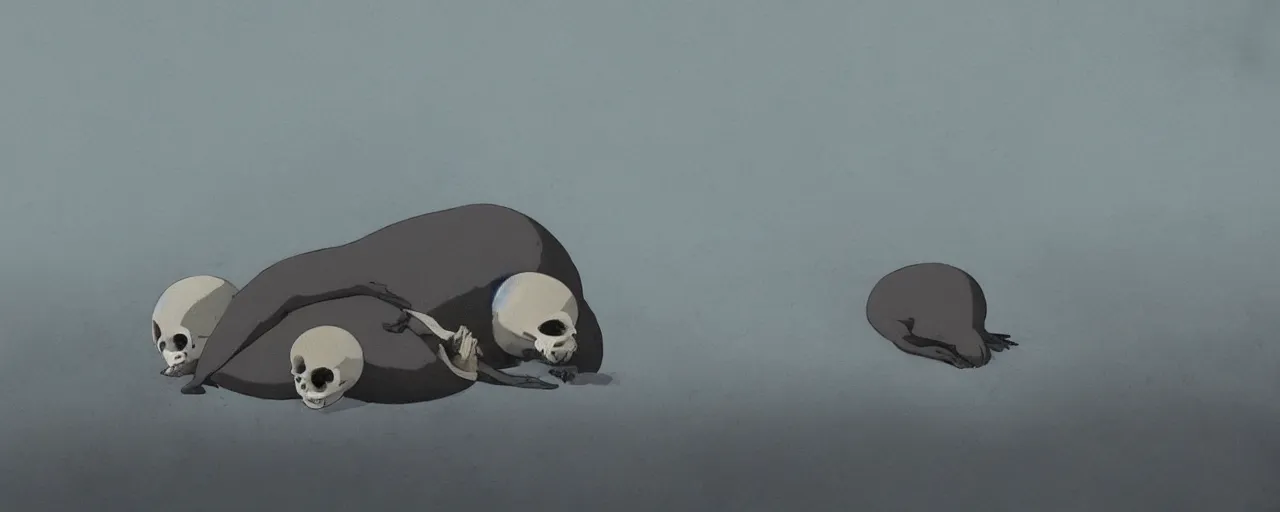 Prompt: seal bones and skull, in river mud, atey ghailan, goro fujita, studio ghibli, rim light, sad, very dark fading to black, clear focus, very coherent