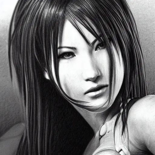 Prompt: hyper realistic pencil drawing of tifa lockheart, detail,