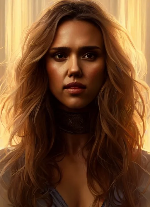Image similar to half Jessica Alba half Nathalie Portman half scarlett johansonna pure seductive angel, full body portrait, slight smile, diffuse natural sun lights, autumn lights, highly detailed, digital painting, artstation, concept art, sharp focus, illustration, art by wlop and greg rutkowski and alphonse mucha and artgerm