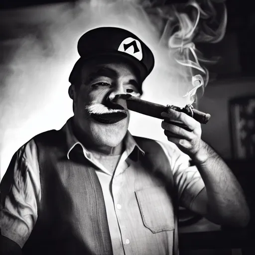 Prompt: Mario smoking a cigar, at a bar, dramatic lighting, 8k