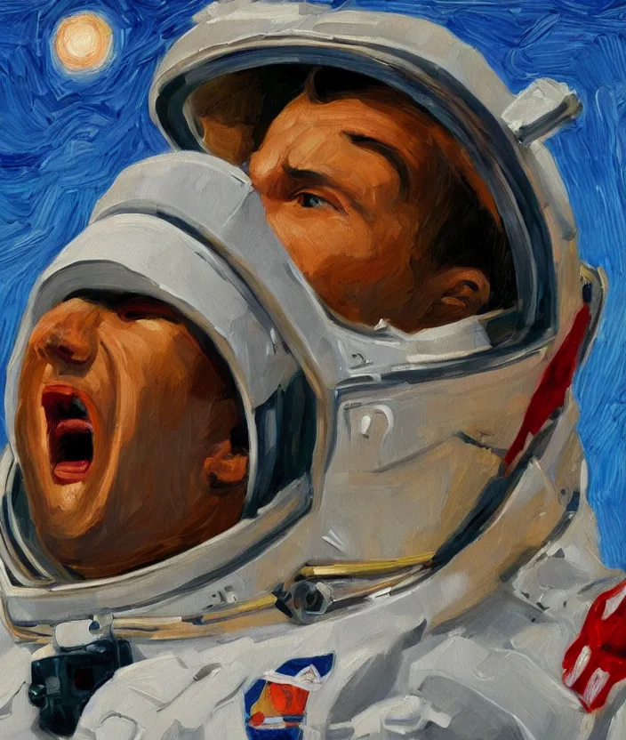 Image similar to a close up portrait painting of a man in an astronaut suit, screaming and sad, highly detailed, close up, aesthetic stars in the background, in the style of edward hopper, fine brush strokes, 4 k,