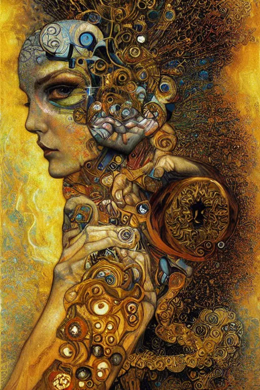 Image similar to Divine Chaos Engine by Karol Bak, Jean Deville, Gustav Klimt, and Vincent Van Gogh, beautiful visionary mystical portrait, sacred, otherworldly, fractal structures, ornate gilded medieval icon, third eye, spirals