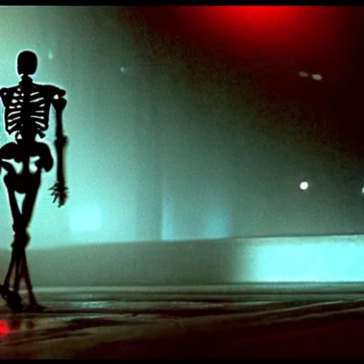 Image similar to a glowing skeleton walking. still from blade runner.