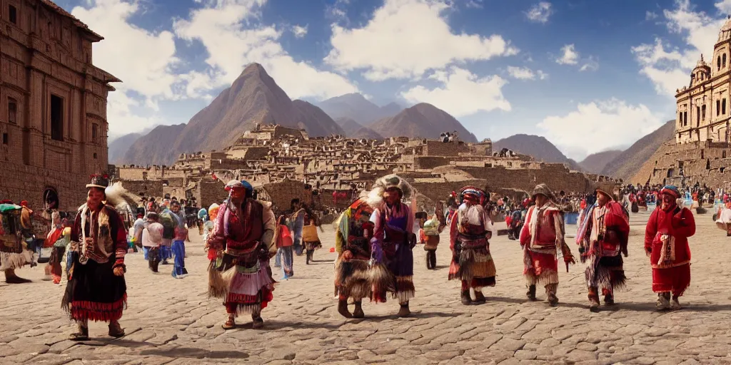 Prompt: peru in the 1 8 0 0 s filled with ancient cuzco inca architecture, inca womans walking the streets, indians in traditional wear haggling with the street vendors, surreal, beautiful, hyper realistic, trending on artstation, 8 k, hd