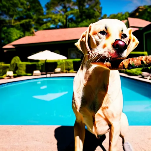 Image similar to a very detailed photo of a dog smoking a cigar outside the mansion by the pool