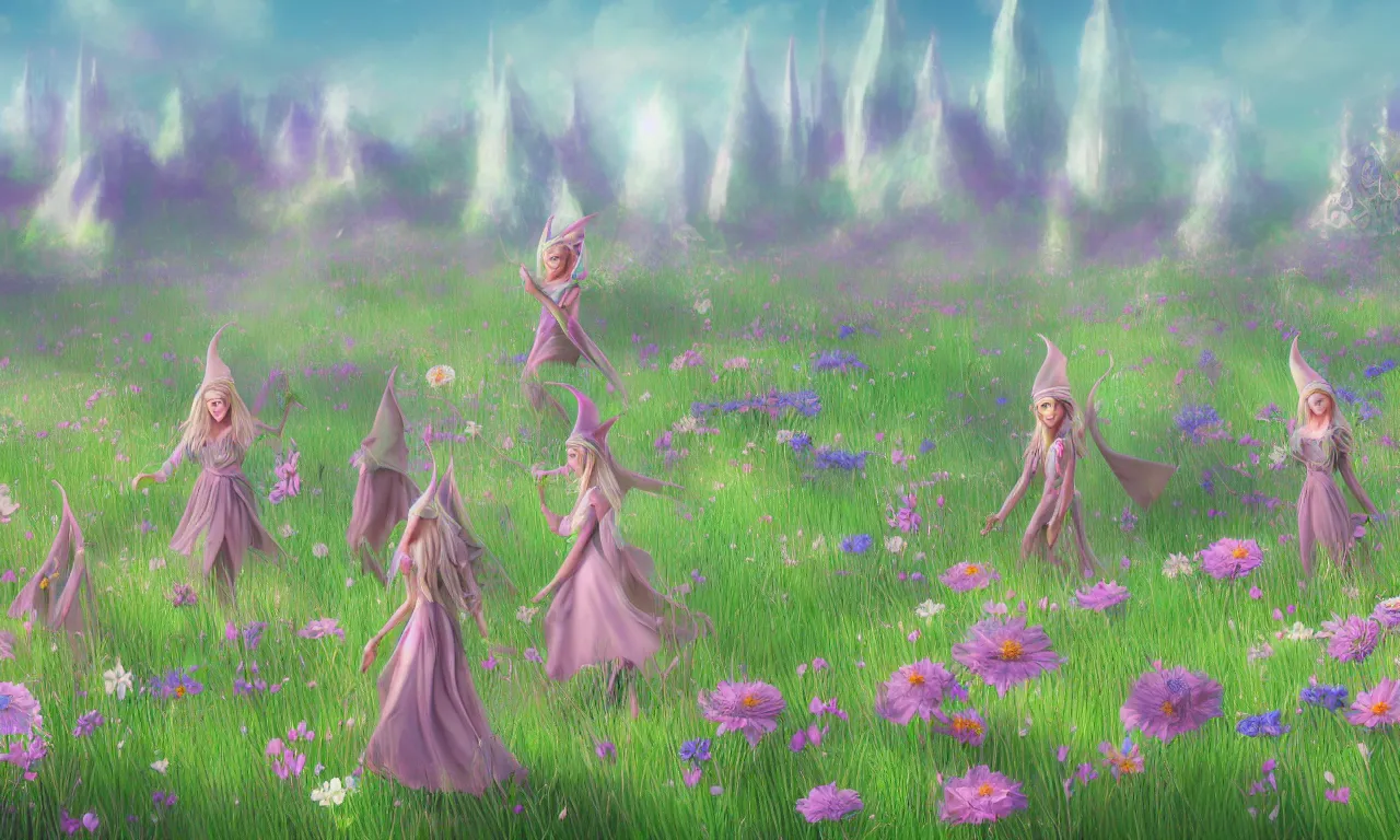 Prompt: elves, meadow flowers, pastel colors, nordic noire, cityscape, digital art, 3 d illustration