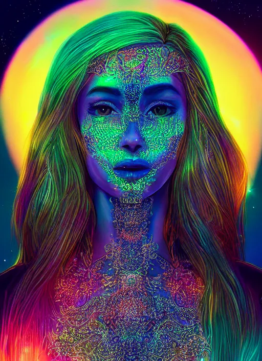 Prompt: magical, beautiful young woman, extremely detailed gorgeous face, sad eyes, tears, sexy body and face, vaporwave aesthetic, synthwave, bioluminescent, opalescent, detailed filigree, sparkling crystals, sunset halo around her head, colorful, psychedelic, intricate, elegant, highly detailed, digital painting, artstation, concept art, smooth, sharp focus, cinematic, hyper realism, high detail, octane render, unreal engine, 8k, Vibrant colors, Smooth gradients, High contrast, illustration, art by artgerm and greg rutkowski and alphonse mucha