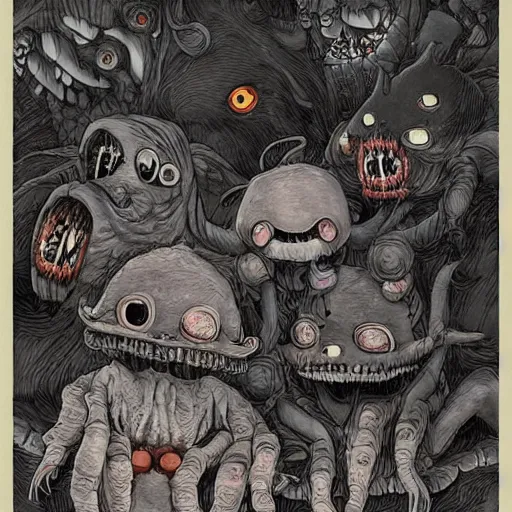 Prompt: cute monster lurking behind a happy family by studio ghibli, color, highly detailed, detailed, intricate, scary, horror, eerie, nightmares, dark, dramatic, 8 k