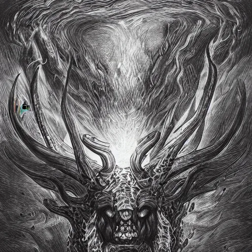 Prompt: full body of horned muscled humanoid beast, 3/4 view from below, engulfed in swirling flames, grayscale drawing by Gustave Dore and Anato Finnstark