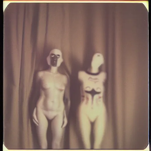 Prompt: expired polaroid of a surreal artsy dream scene, weird costumes