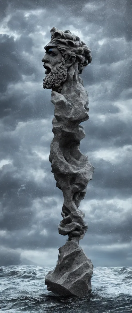Image similar to stone bust of poseidon in the ocean, heavy waves, dark clouds, vivid, atmospheric, rainy, realistic, ultra detail, somber, hd, octane render, featured on artstation