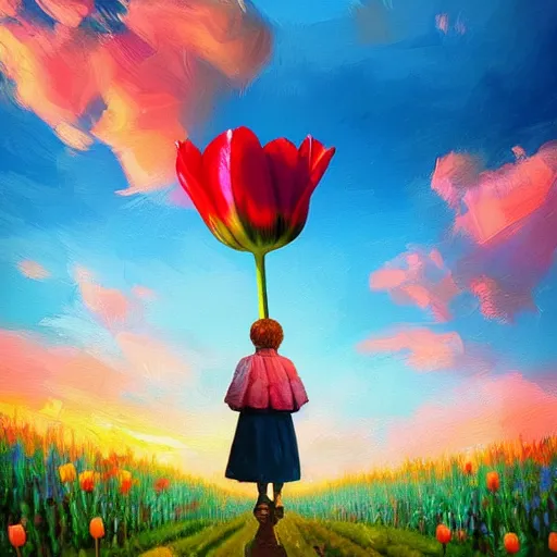 Image similar to dutch girl with singular giant tulip as a head, surreal photography, flower field, sunset dramatic light, impressionist painting, colorful clouds, blue sky, digital painting, artstation, simon stalenhag