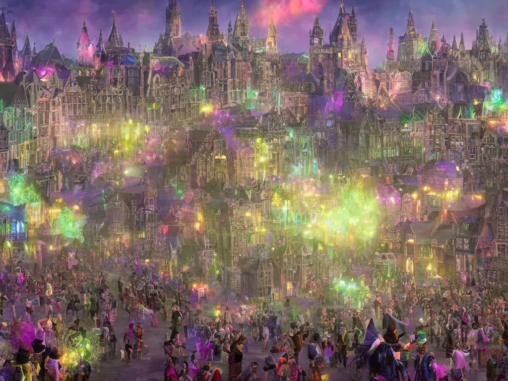 Prompt: A bustling magical town, witches and black cats are dancing around a colorful music festival, the large academy of magic and science can be seen towering in the distance, inspired by Victorian England and Amsterdam, highly detailed, digital painting, trending on artstation, matte painting, octane render, 8k, unreal engine